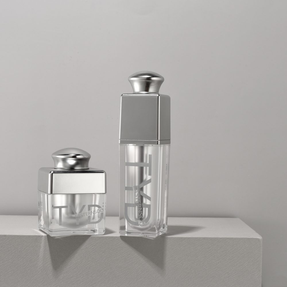 Square Electroplated Silver Acrylic Skincare Bottle Jar Set Empty Cosmetic Packaging for Toner Serum Cream -TINDA-205